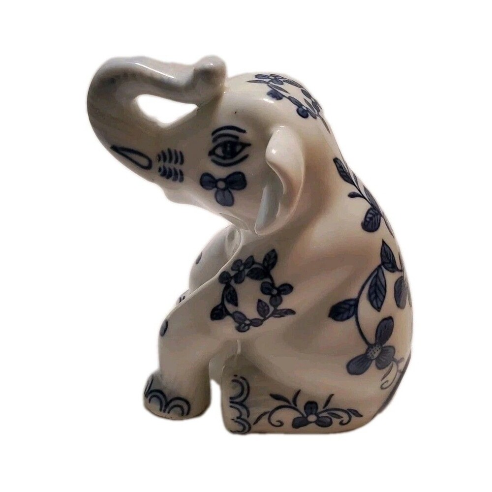 Blue White Chinoiserie Style Elephant Figurine Poreclain With Floral Designs